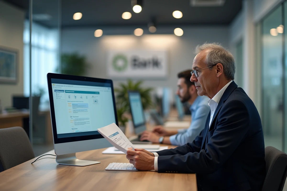 Client et conseiller bancaire consultant ensemble l'espace de gestion de comptes en agence pour configurer un bénéficiaire