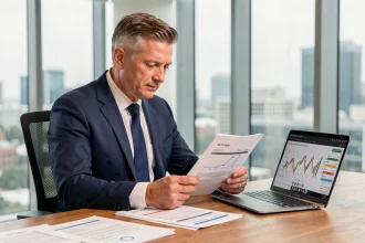 Conseiller financier analysant le calcul du rendement SCPI sur des documents et un ordinateur portable dans un bureau moderne