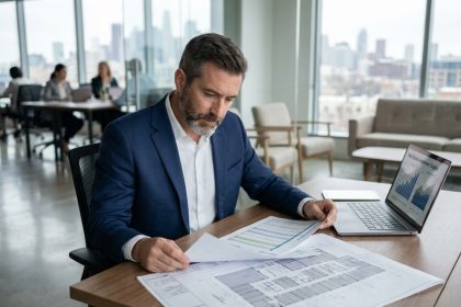 Conseiller financier analysant des documents d'investissement en immobilier logistique dans un bureau moderne