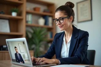 Femme consultant un notaire en ligne depuis son bureau à domicile lors d'une visioconférence professionnelle