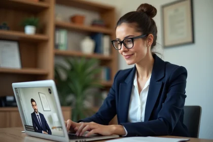 Femme consultant un notaire en ligne depuis son bureau à domicile lors d'une visioconférence professionnelle