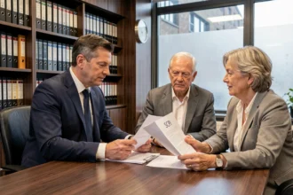 Conseiller financier présentant une SCPI à un couple dans un bureau de notaire moderne