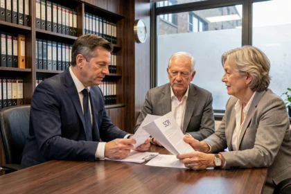 Conseiller financier présentant une SCPI à un couple dans un bureau de notaire moderne