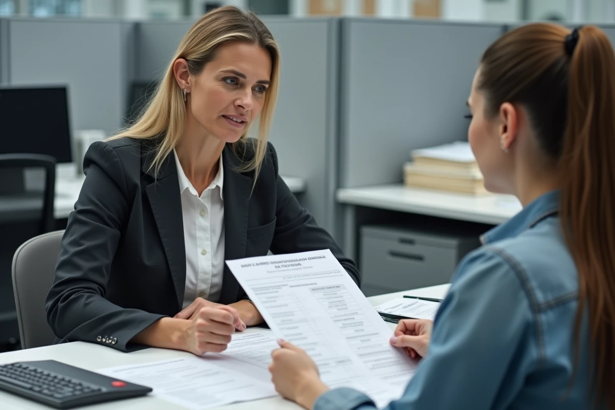 Conseillère sociale expliquant le calcul du montant de la prime d'activité à une femme en congé maternité ou arrêt maladie