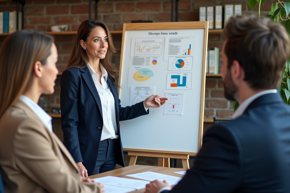 Consultante présentant des diagrammes à des entrepreneurs