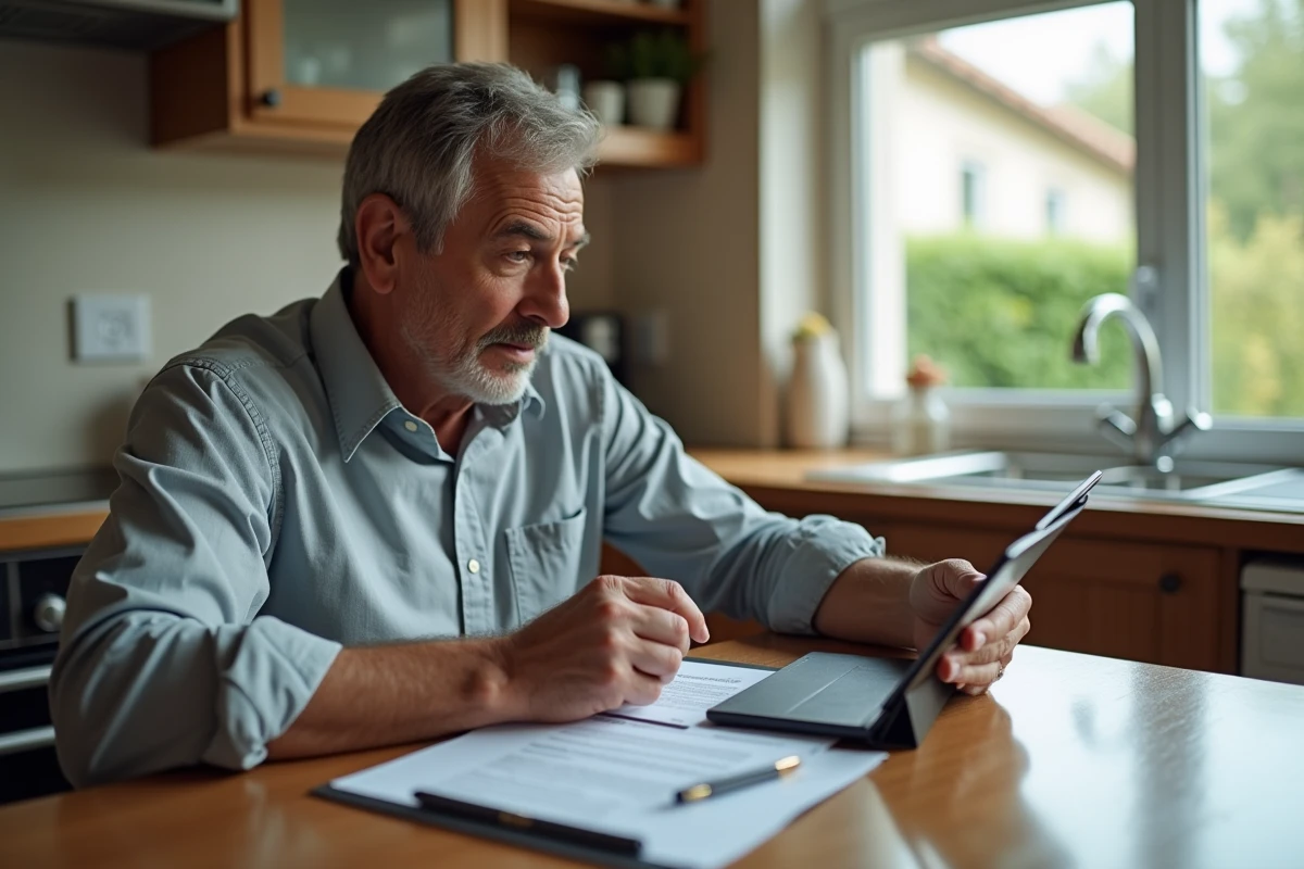 Homme consultant des documents juridiques notariaux sur une tablette à la table de sa cuisine
