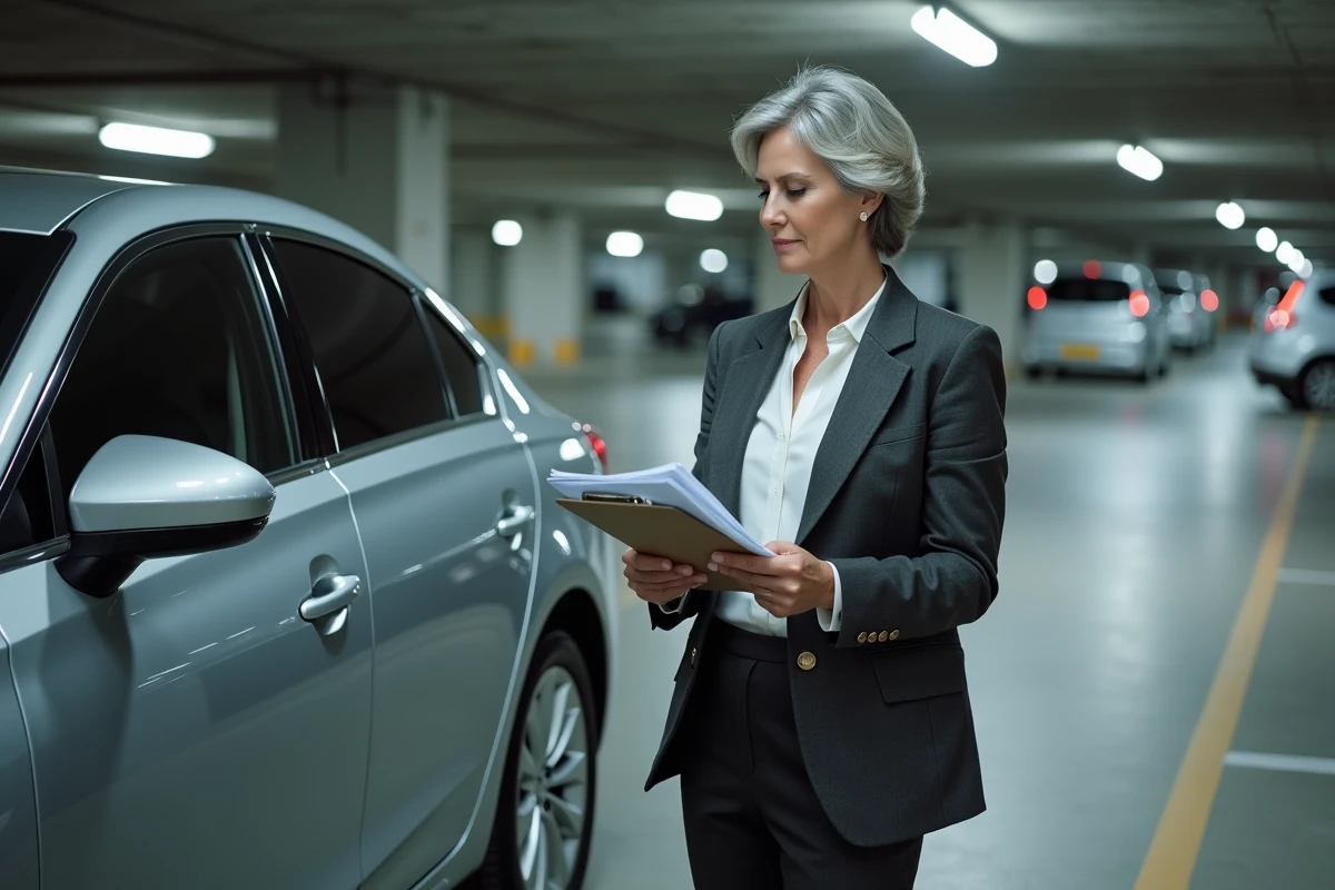 Inspectrice fiscale contrôlant un véhicule de tourisme d'entreprise dans un parking souterrain pour vérification de la TVS