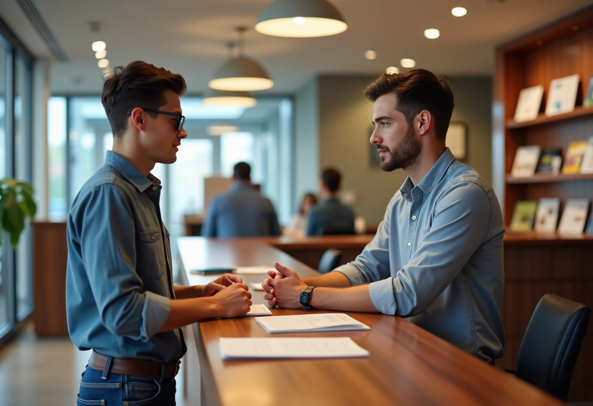 Jeune homme parle avec un conseiller bancaire dans une agence animée