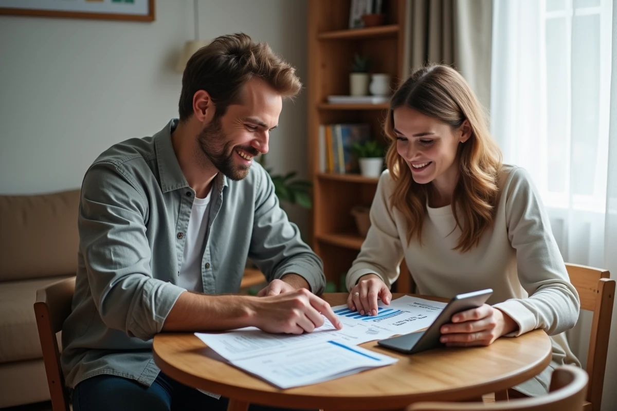 Couple analysant ensemble le coût réel d'un prêt trésorerie sans justificatif avec des documents et un smartphone