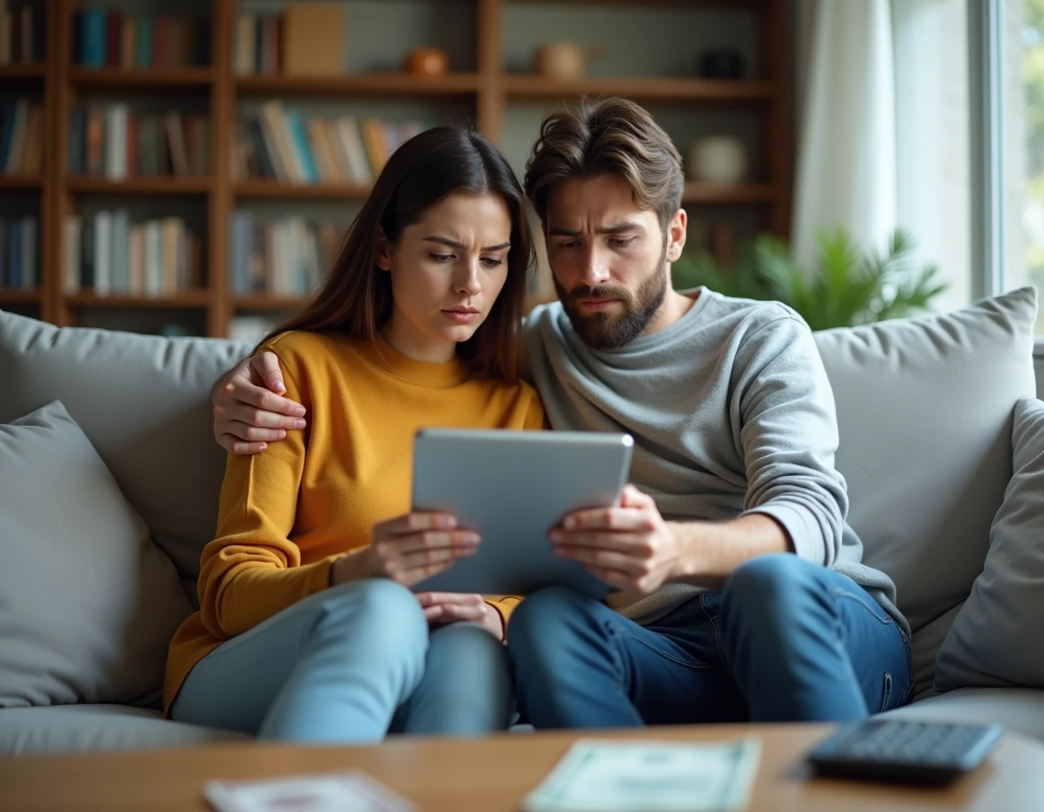 Jeune couple qui examine ensemble une application de budget sur une tablette dans leur salon pour anticiper un découvert bancaire et adapter leurs dépenses