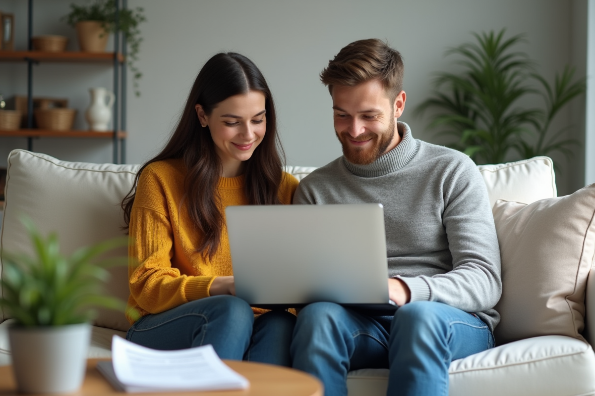 Jeune couple utilise un ordinateur pour calcul de prêt immobilier