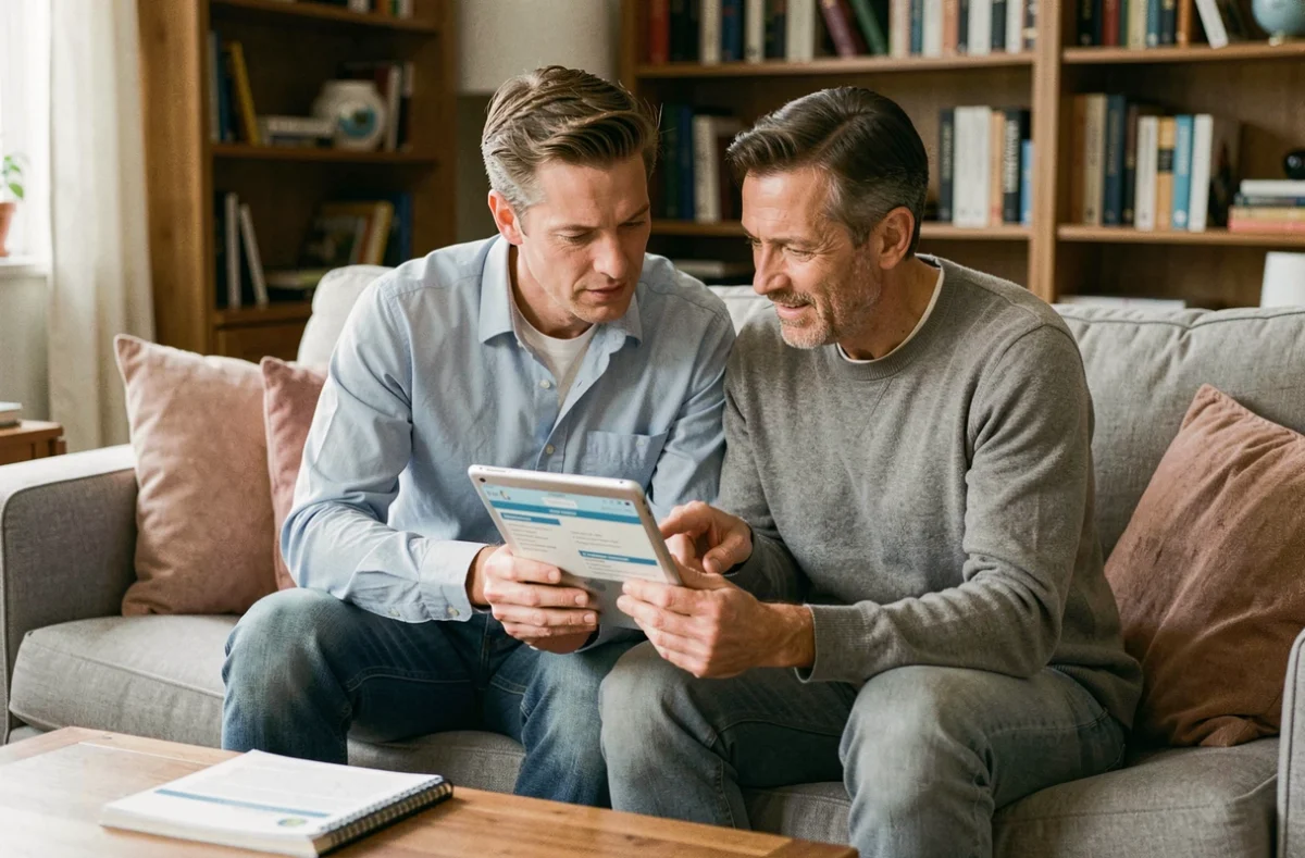 Couple comparant des offres de mutuelle santé sur tablette à domicile