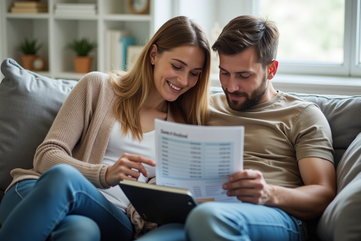 Couple comparant des produits d'épargne sur tablette dans un salon, choix de livret bancaire et stratégie financière familiale