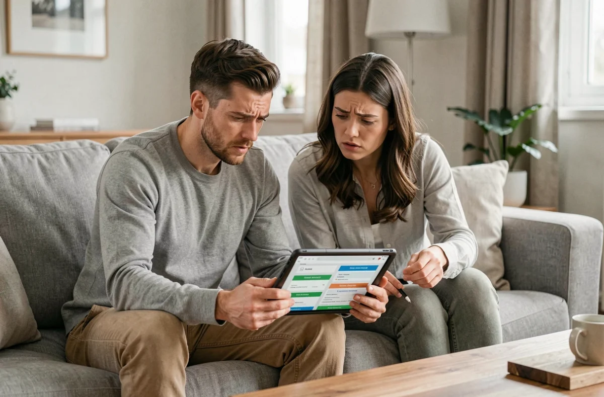 Couple comparant des offres d'assurance emprunteur sur une tablette dans leur salon