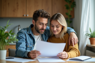 Jeune couple en cuisine examinant des papiers et un ordinateur