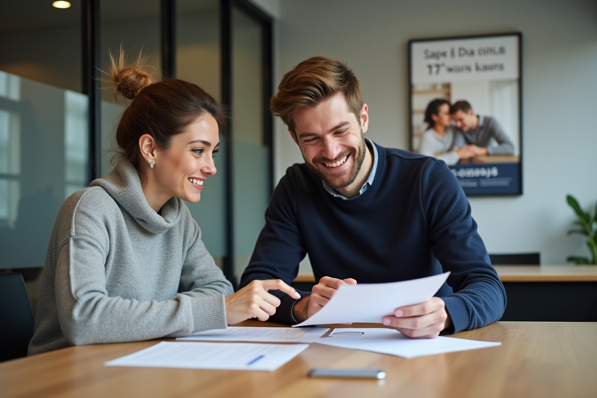 Jeune couple français discutant de documents dans une agence bancaire
