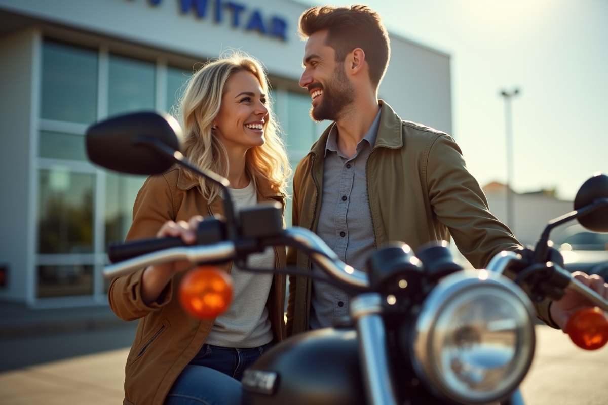 Couple souriant inspectant une moto en extérieur ensoleille