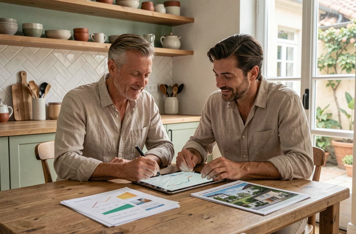 Couple étudiant un investissement en SCPI logement sur tablette dans leur appartement