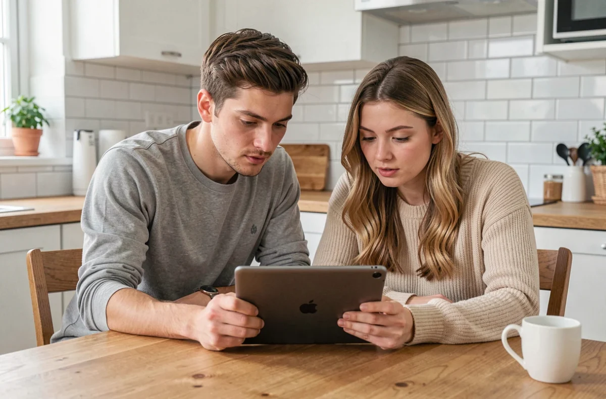 Couple gérant ensemble leurs cartes bancaires Banque Populaire sur une tablette dans leur cuisine