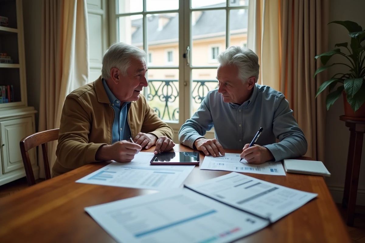 Couple étudiant ensemble la mensualisation des impôts fonciers autour d'une table avec documents et tablette