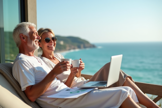 Couple souriant sur une terrasse ensoleillee avec vue sur la mer