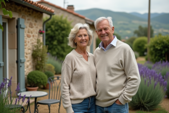 Couple retraité dans la campagne française avec maison et jardin