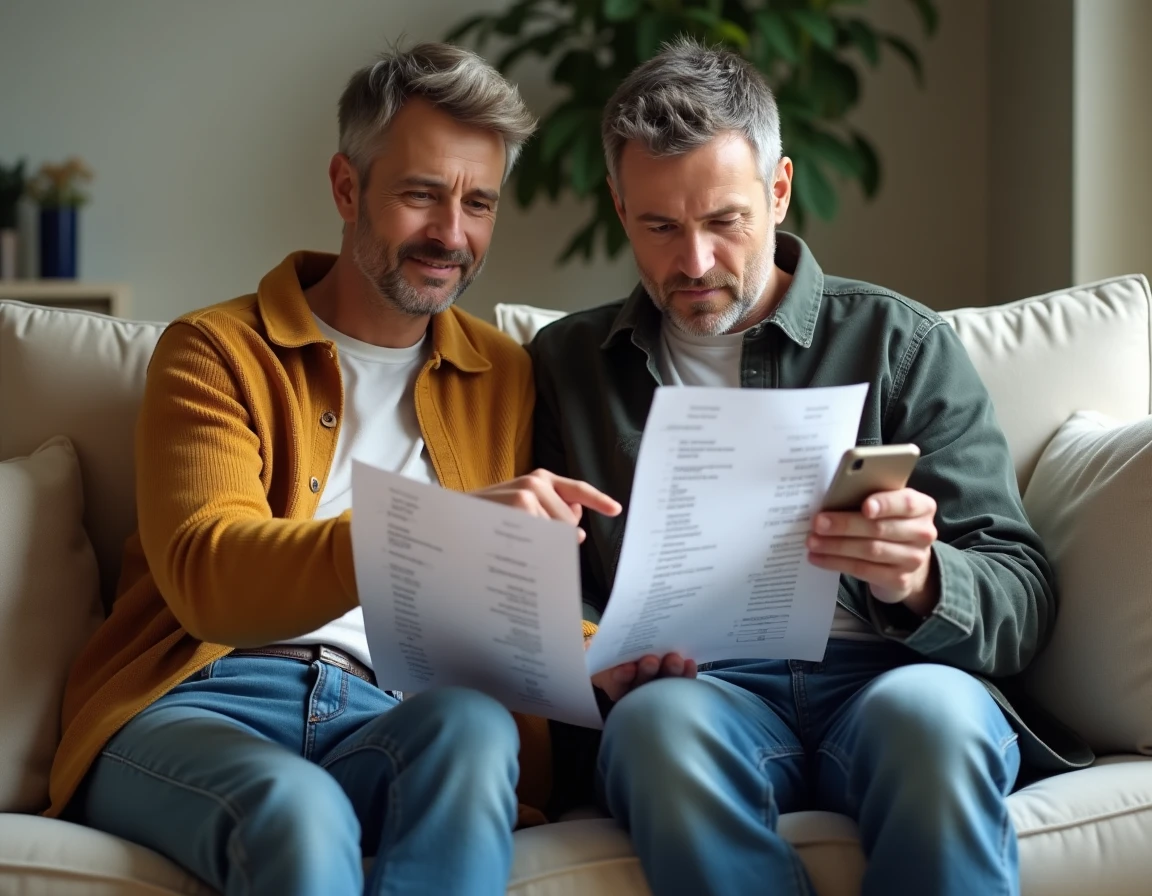 Couple examinant ensemble des documents de simulation de crédit immobilier dans leur salon