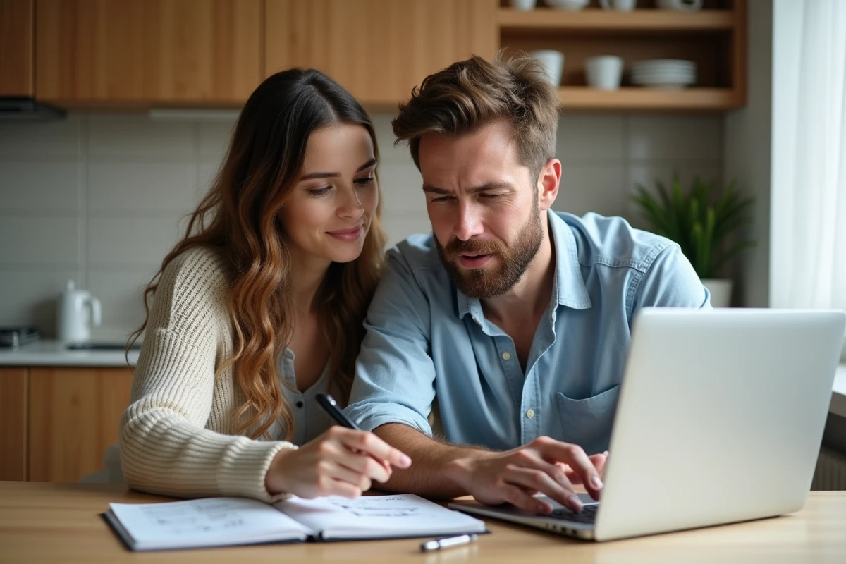 Couple calculant leur capacité d'emprunt immobilier à partir de leur salaire net sur un simulateur en ligne