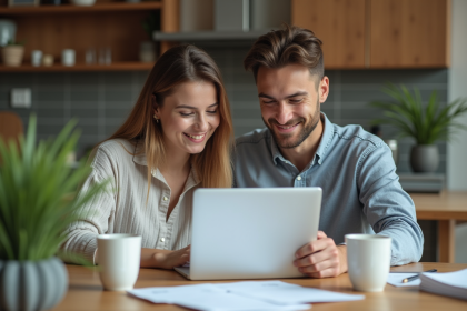 Jeune couple travaillant à la maison sur un ordinateur