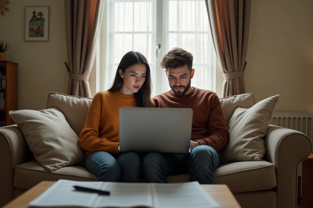 Couple de locataires vérifiant leurs droits aux APL sur un ordinateur portable dans leur appartement
