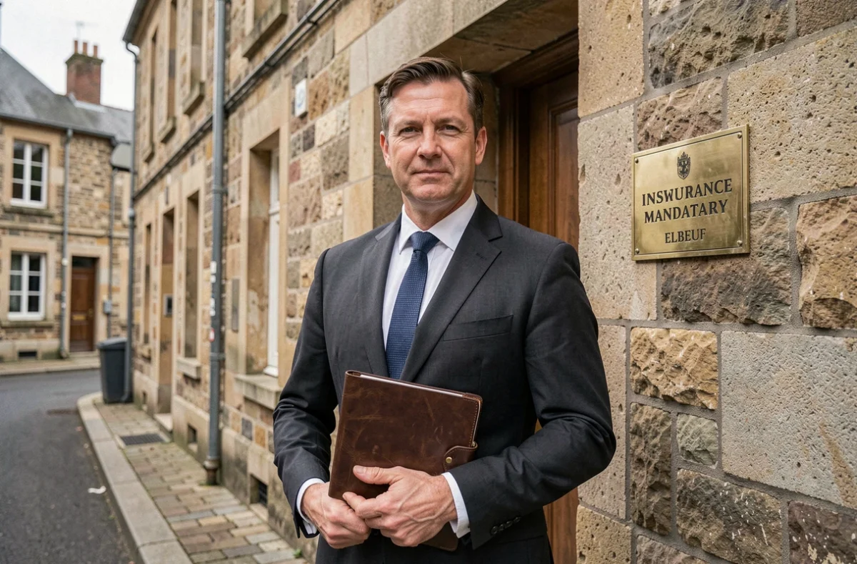 Courtier en assurance mandataire à Elbeuf devant une bâtisse normande en pierre avec plaque nominative