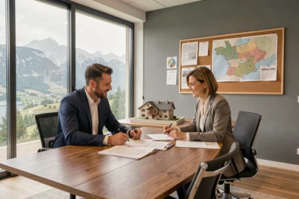 Courtier en crédit immobilier en Isère conseillant des clients dans un bureau moderne avec vue sur les montagnes