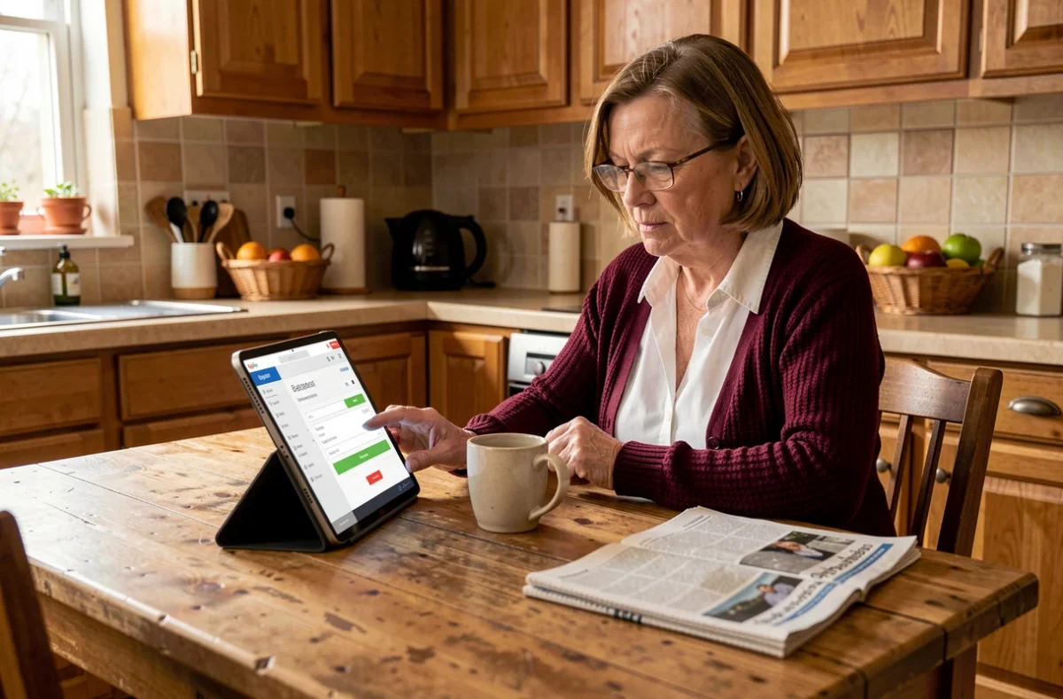 Femme d'âge mûr réalisant des démarches bancaires en ligne sur tablette dans sa cuisine