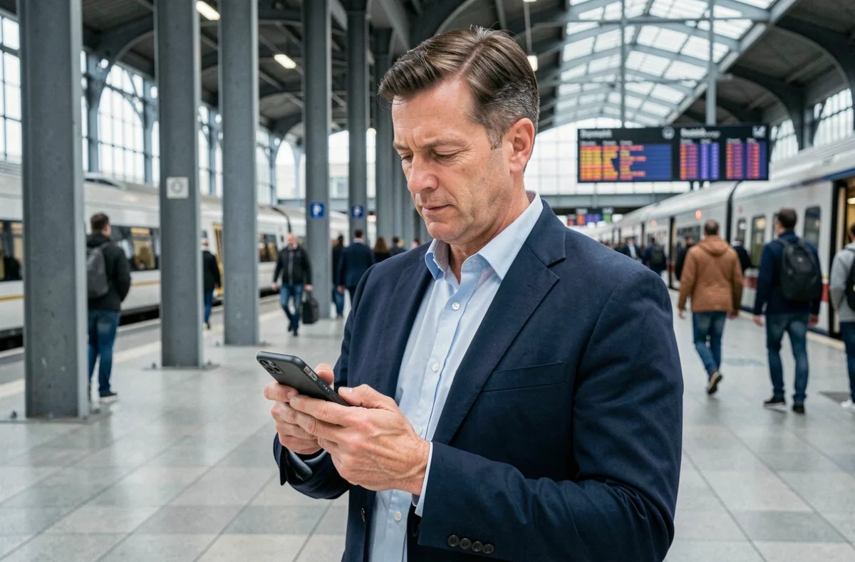Homme en déplacement professionnel consultant son forfait mobile prépayé dans une gare moderne