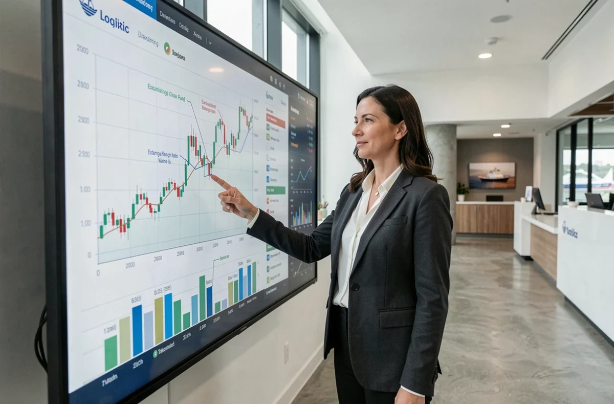 Directrice financière présentant l'impact des obligations échangeables sur le cours de l'action CMA CGM devant un tableau de bord boursier interactif