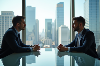 Deux professionnels en discussion dans un bureau moderne avec gratte-ciel