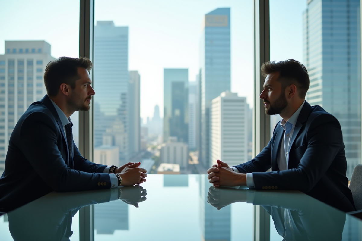 Deux professionnels en discussion dans un bureau moderne avec gratte-ciel