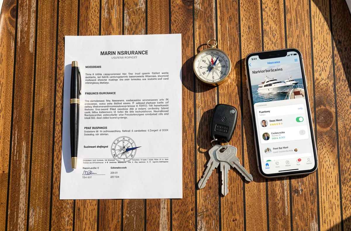 Documents d'assurance bateau et accessoires nautiques posés sur un pont en teck