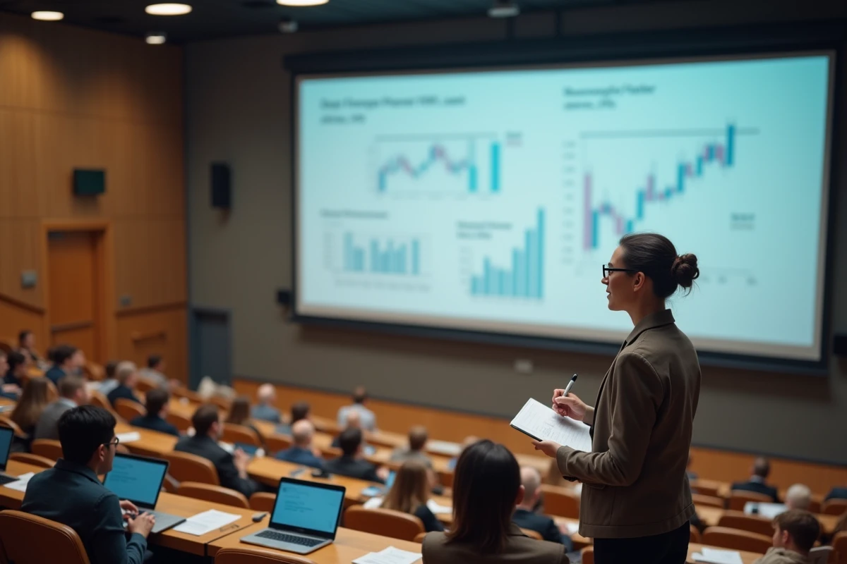 Économiste présentant le modèle Fama & French à trois facteurs dans un amphithéâtre universitaire