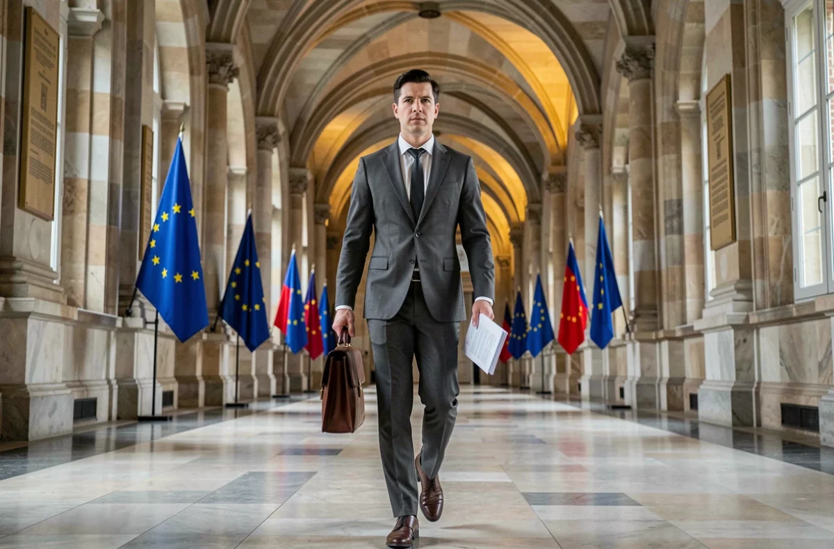 Homme politique en costume marchant dans le couloir d'un parlement européen avec une mallette, représentant la rémunération et les indemnités des élus européens