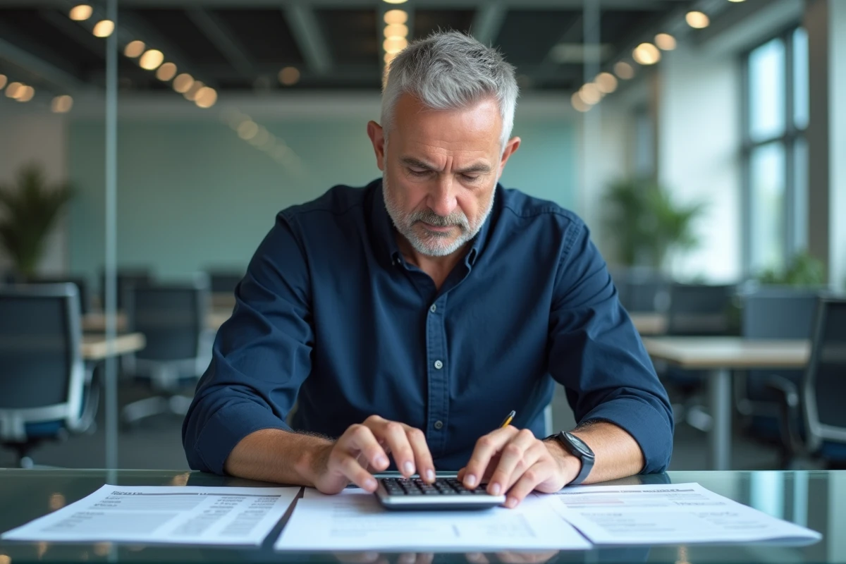 Employé en CDI calculant son solde de tout compte avec une calculatrice et des fiches de paie