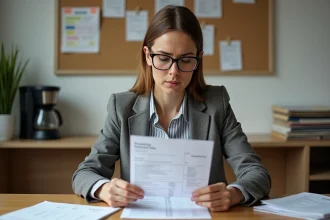 Enseignante examinant attentivement son bulletin de salaire dans la salle des professeurs