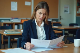 Enseignante consultant ses fiches de paie et un calendrier des versements de salaire dans une salle des professeurs