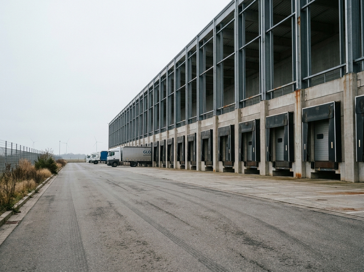 Entrepôt logistique moderne avec quais de chargement dans une zone industrielle périurbaine