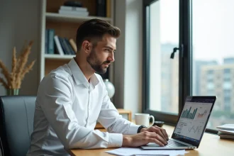 Entrepreneur de 40 ans analysant un calculateur de rentabilité sur son ordinateur portable dans un bureau moderne