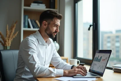 Entrepreneur de 40 ans analysant un calculateur de rentabilité sur son ordinateur portable dans un bureau moderne