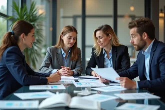 Groupe de quatre employés de bureau français en réunion