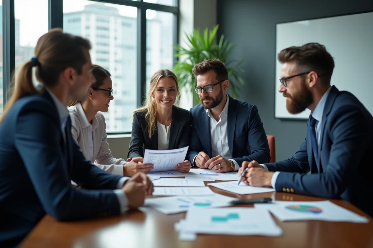 Groupe de professionnels discutant d un rapport financier