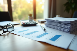 Espace de travail financier avec documents et calculatrice