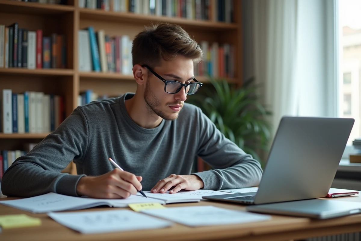 Étudiant en train de réviser la formule du taux d'évolution avec des manuels de maths et un ordinateur portable
